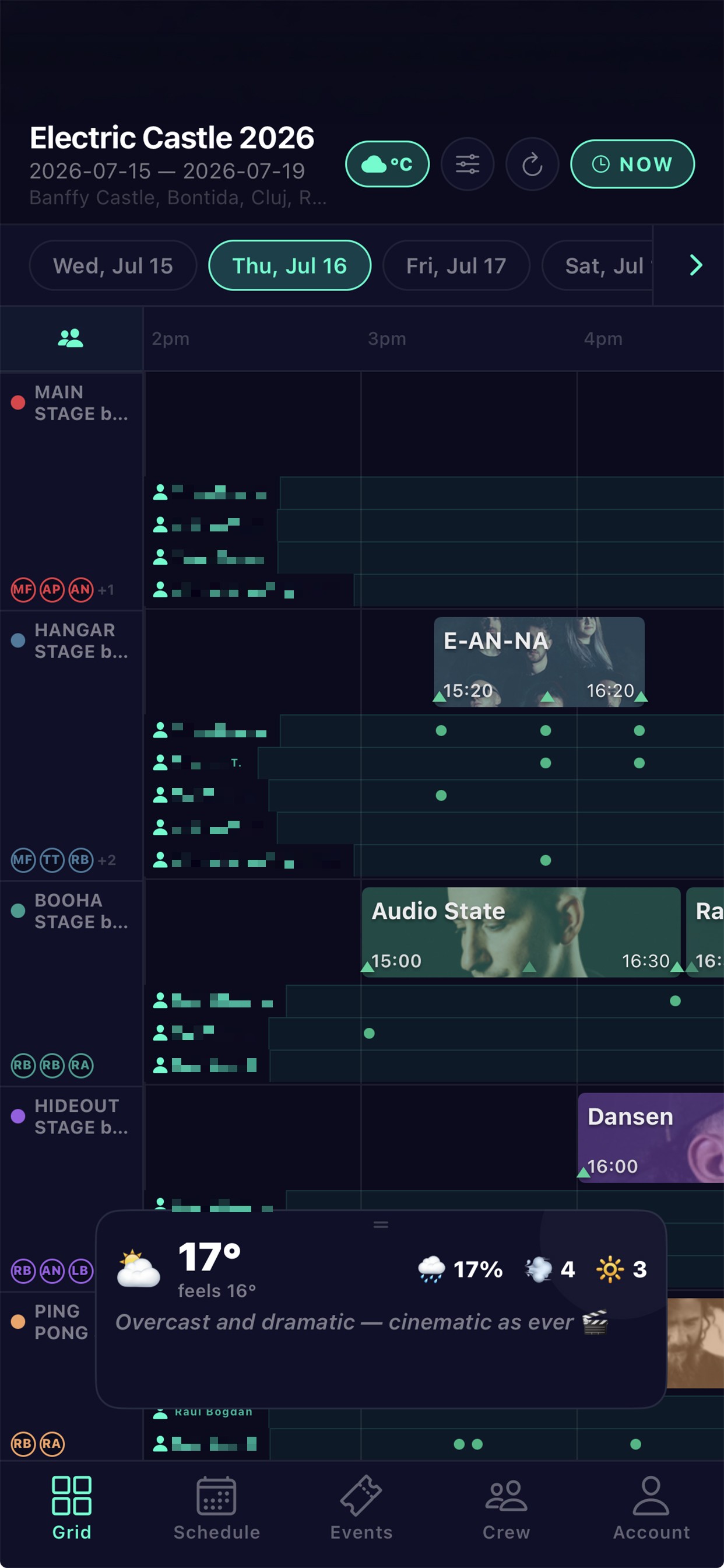 Crew grid — every stage & crew lane
